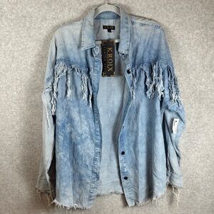 NEW KROIX Light Wash Fringe Denim Shirt Size 2X Western Grunge Distressed